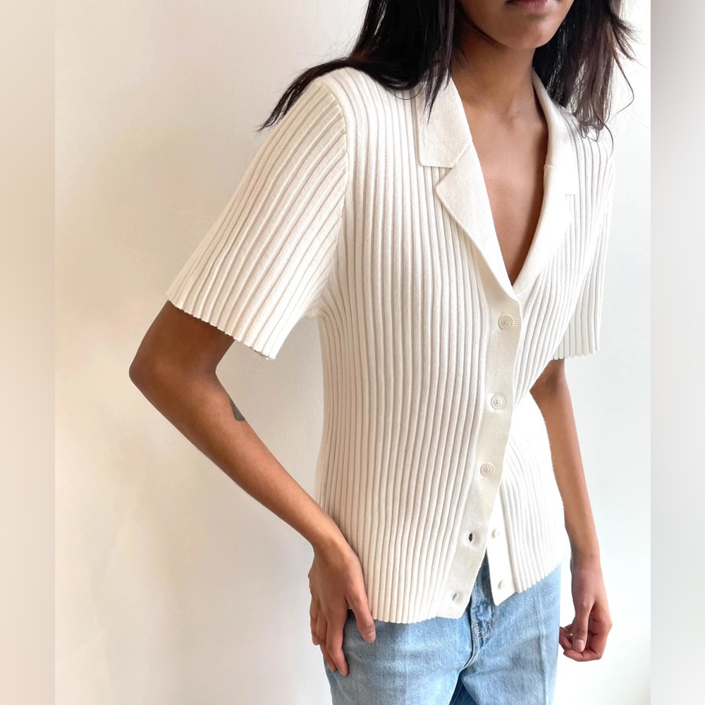 OAK + FORT Cream Ribbed Button-Down Shirt - Picture 1 of 7